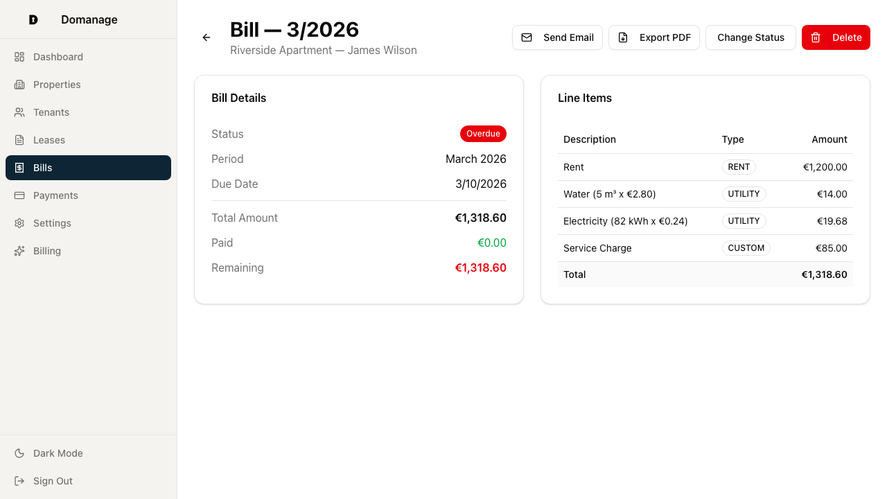 Bill detail view with line items and payment status