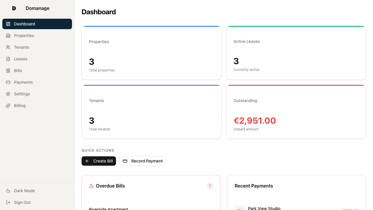 Domanage dashboard showing properties, active leases, and outstanding balances