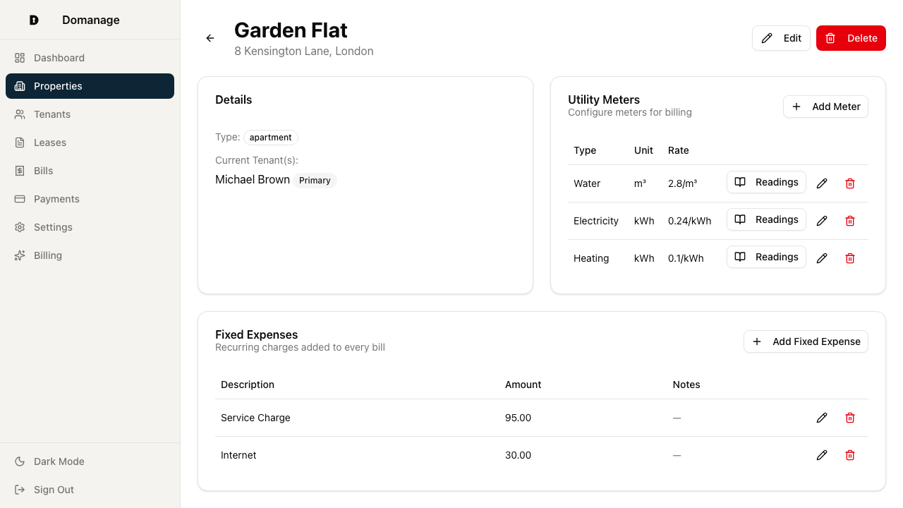 Property detail with utility meters and fixed expenses